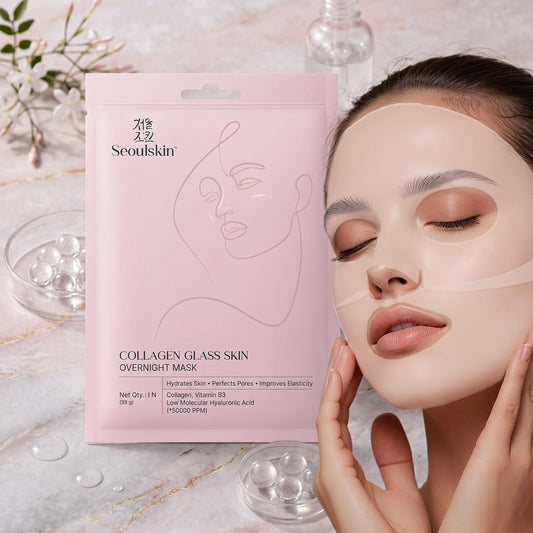 Collagen glass skin overnight mask with Seoulskin packaging and a woman wearing the mask.