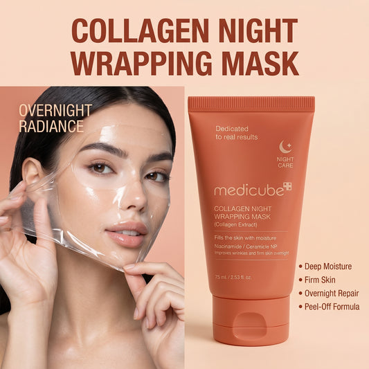 Collagen night wrapping mask with a woman applying it, on a beige background.