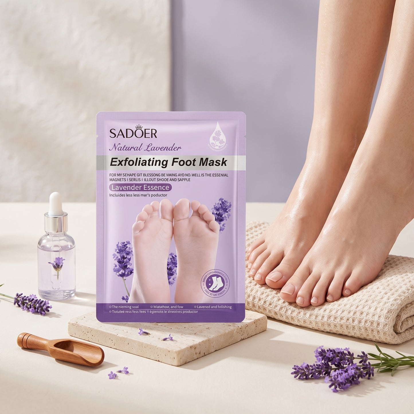 Exfoliating foot mask with lavender essence on a neutral background