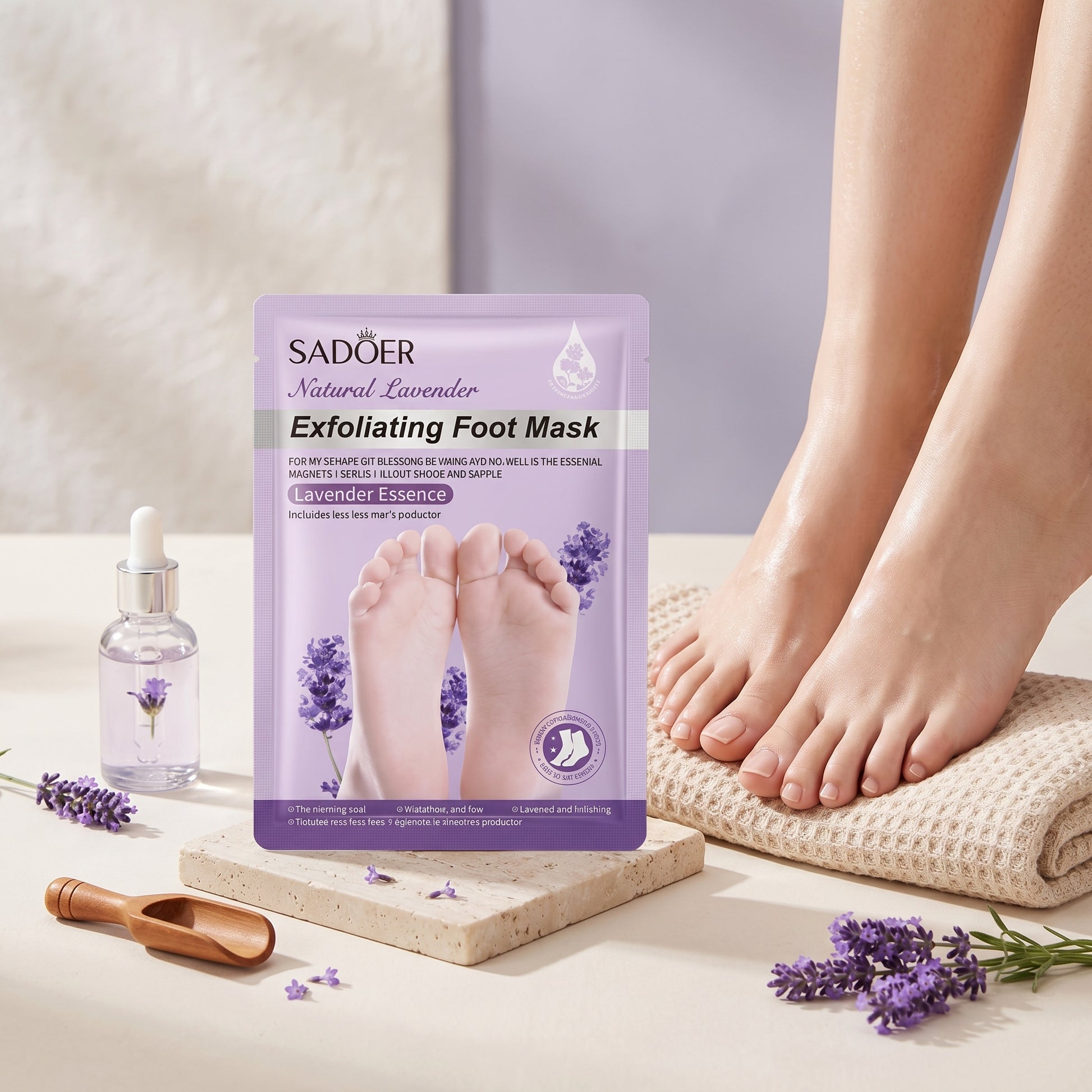 Exfoliating foot mask with lavender essence on a neutral background