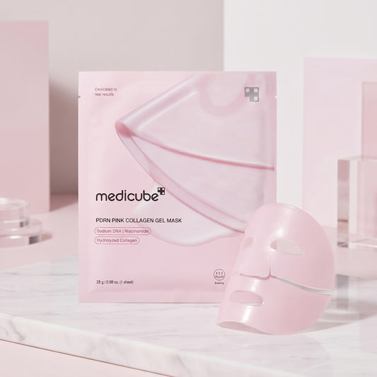 Pink collagen gel mask packaging with a pink mask on a light pink background