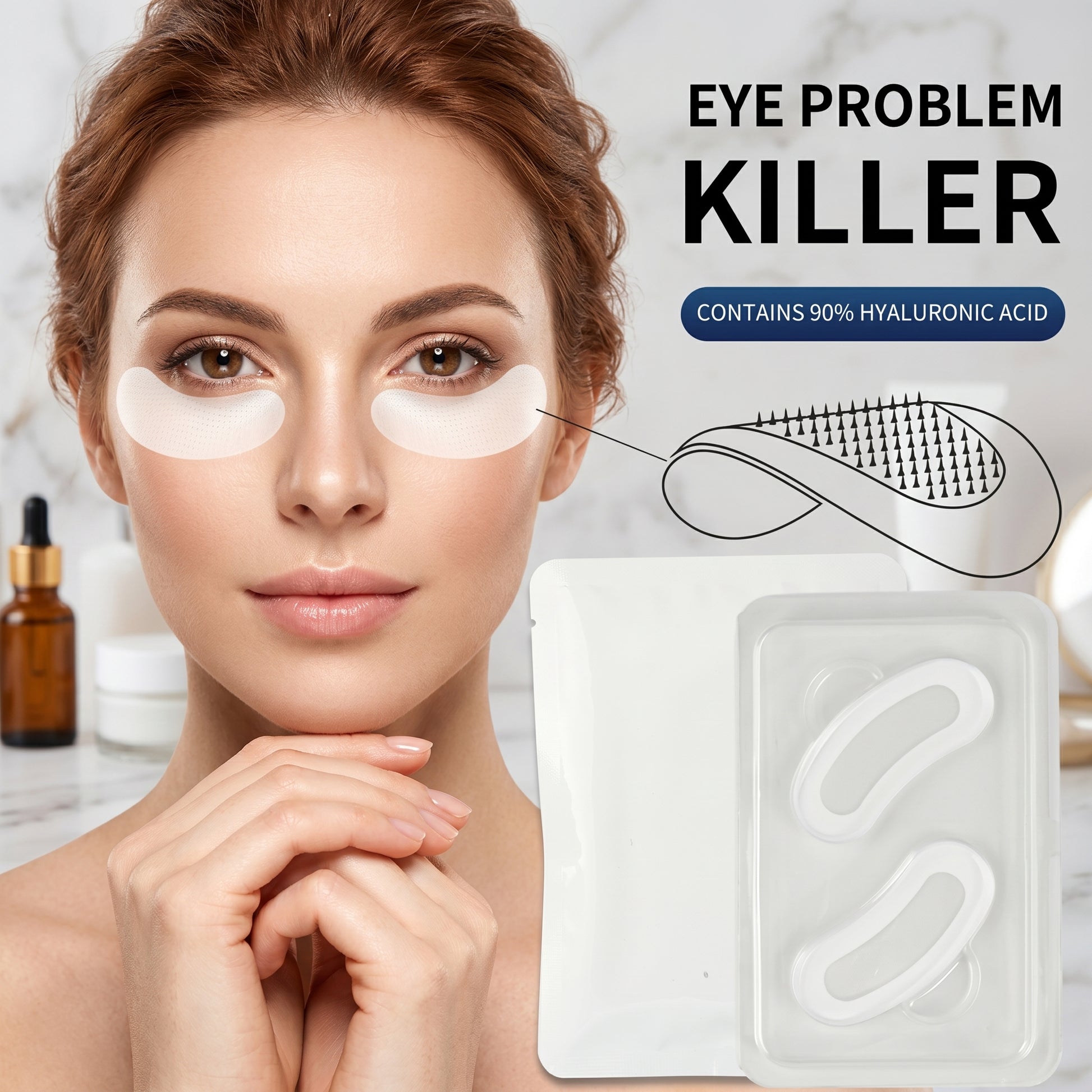 Woman wearing eye patches with product packaging and text 'Eye Problem Killer' on a marble background.