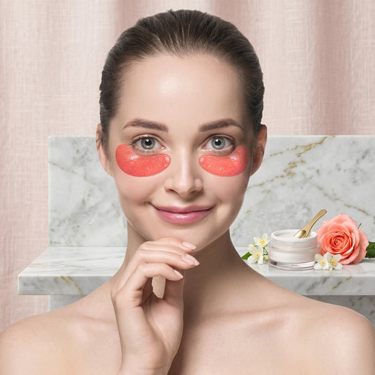 Woman wearing pink eye masks with a marble table and flowers in the background