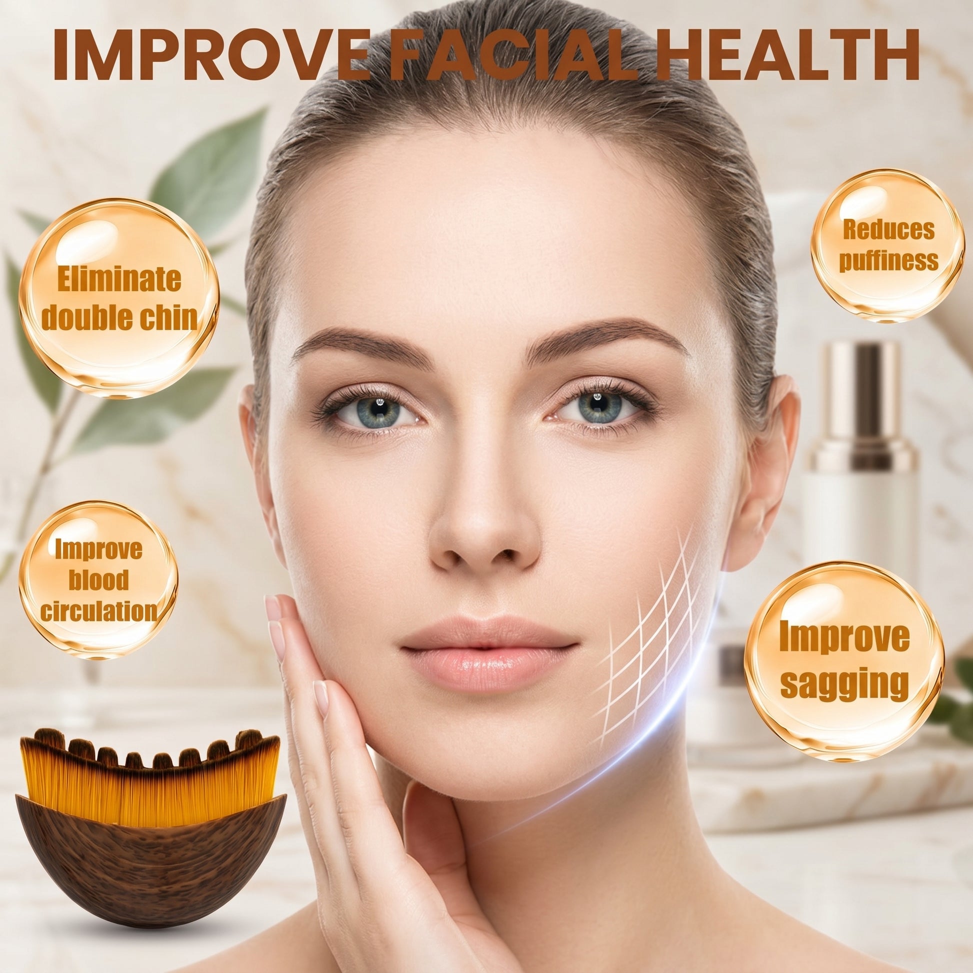 Woman with a smooth face, skincare products, and text about improving facial health.